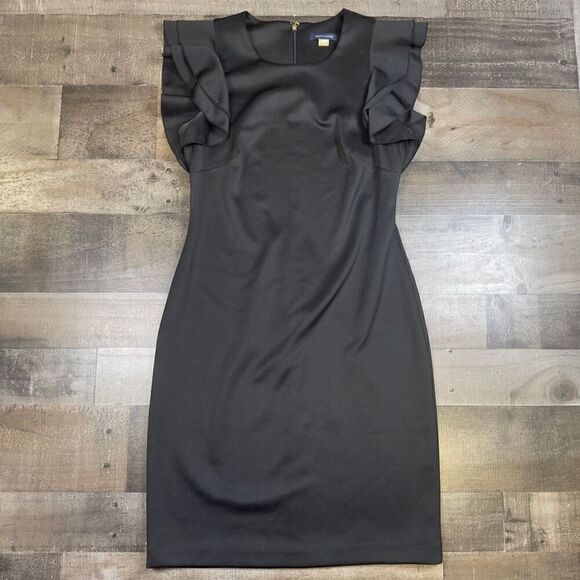 Tommy Hilfiger Women’s Size 6 Sheath Midi Dress Black Short Ruffle Sleeve - Picture 1 of 5